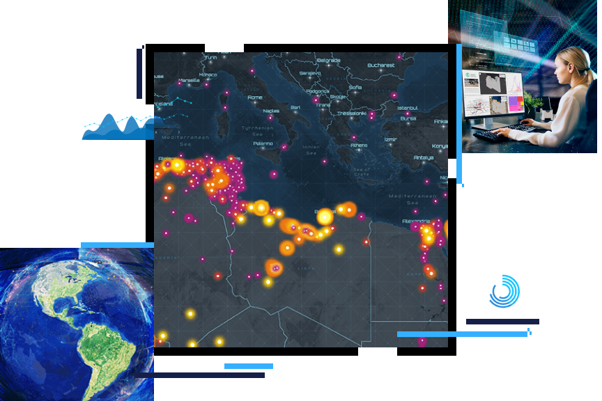 Une carte grise avec des points jaunes et roses, un graphique du globe en bleu et vert vif, et une femme assise à un poste de travail moderne accédant à des cartes sur plusieurs moniteurs